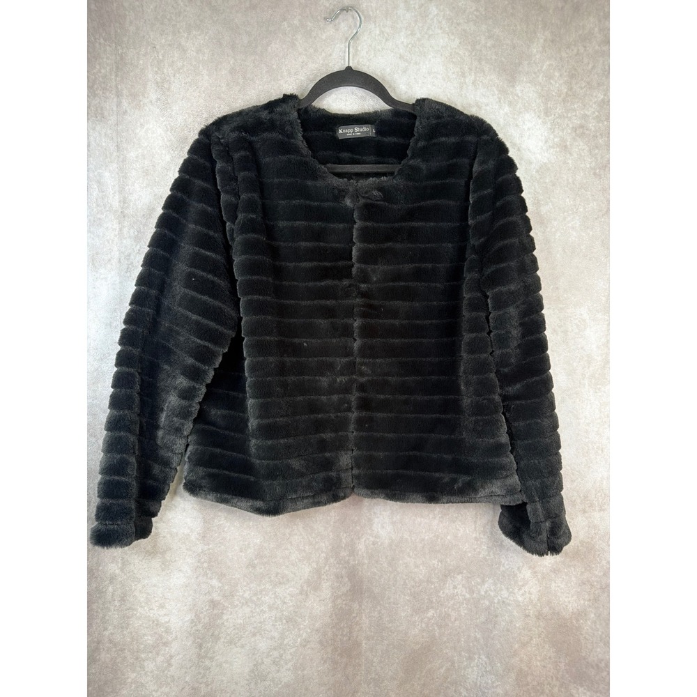 Knapp Studio Faux Fur Jacket Women Large Black Ribbed Glam Coat Mob Wife